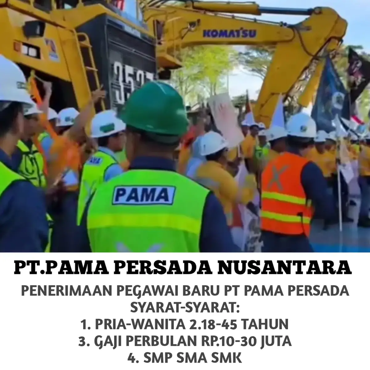 Penerimaan pegawai baru Pt Pama persada Syarat-syarat: 1. pria-wanita 2.18-45 tahun 3. Gaji perbulan Rp.10-30 juta 4. SMP SMA SMK Posisi: 1. Helper 2. Operator 3. Satpam 4. Driver 5. OB 6. Peking tukang bongkar #infoloker #loker #kppmining #kpp #tambangbatubara #batubara #operator #tambang #fypviral #tambangbatubarakalimantan #pamapersadanusantara #storytambang #selfreminder #storytambang #kalimantantimur #masukberanda #bukanmaen #anjay #tiktokpelitfypnih #parahsihkalogakfyp #tambangbatubara #storytambang #tambang #batubara #anaktambang #tambangbatubarakalimantan #kulitambang #anaktambangkalimantan #kulitambang