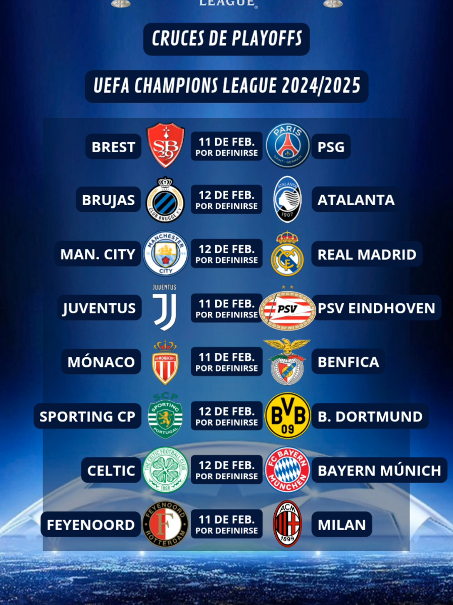 #Playoffs #UEFAChampionsLeague #UEFAChampionsLeague2024/2025 #Brest - #PSG #Benfica - #Mónaco #Juventus - #PSV #Feyernoord - #Milan #Celtic - #BayernMunich #ManchesterCity - #RealMadrid #Brujas - #Atalanta #SportingCP - #Dormtund