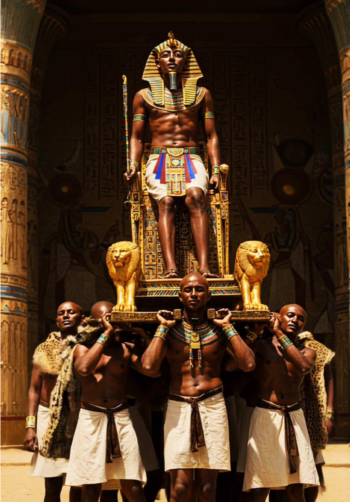 The god king Khafra (𓇳𓈍𓆑) 2558 - 2532 BC carried up high like a falcon in procession by his priest on his royal throne palanquin. A Egyptian palanquin is a podium throne  used for transporting the Pharaoh around in public. The palanquin pallbearers are usually men from high ranking families, that are specially trained for this task. It was a honor to be chosen as a palanquin pallbearer because they were the few people who could get close to a pharaoh. Rise of the Neo-Pagans  #ramomar #Pharaoh #Throne  #royal #king #Egypt #kemet #ancientegypt #TempleLife #gold 