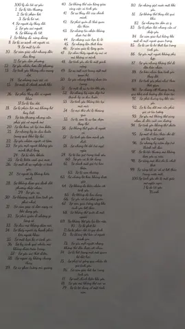Ai ko nhìn thấy thì đây là cap: 100 lý do tôi sợ yêu: 1.	Sợ bị tổn thương. 2.	Sợ bị phản bội. 3.	Sợ bị bỏ rơi. 4.	Sợ người ấy thay đổi. 5.	Sợ yêu sai người. 6.	Sợ không đủ tốt. 7.	Sợ không đủ xứng đáng. 8.	Sợ bị so sánh với người cũ. 9.	Sợ mất tự do. 10.	Sợ cảm giác nhớ nhung đến đau lòng. 11.	Sợ yêu đơn phương. 12.	Sợ yêu nhiều hơn đối phương. 13.	Sợ tình yêu không như mong đợi. 14.	Sợ những cuộc cãi vã. 15.	Sợ mất đi chính mình khi yêu. 16.	Sợ phải thay đổi vì người khác. 17.	Sợ bị lừa dối. 18.	Sợ bị phản bội mà không hề hay biết. 19.	Sợ tổn thương nhưng vẫn phải giả vờ mạnh mẽ. 20.	Sợ lời hứa rồi lại tan biến. 21.	Sợ những ký ức đau buồn trong quá khứ lặp lại. 22.	Sợ yêu nhầm người vô tâm. 23.	Sợ yêu một người không yêu mình thật lòng. 24.	Sợ bị điều khiển. 25.	Sợ bị kiểm soát quá mức. 26.	Sợ mất đi sự nghiệp vì tình yêu. 27.	Sợ người ấy không hiểu mình. 28.	Sợ không được gia đình đối phương chấp nhận. 29.	Sợ yêu xa. 30.	Sợ khoảng cách làm tình yêu phai nhạt. 31.	Sợ cảm giác cô đơn ngay cả khi đang yêu. 32.	Sợ phải quên đi những gì từng có. 33.	Sợ đau mà không dám nói. 34.	Sợ thấy người ấy hạnh phúc bên người khác. 35.	Sợ mất bạn bè vì tình yêu. 36.	Sợ hy sinh quá nhiều mà không được trân trọng. 37.	Sợ yêu sai thời điểm. 38.	Sợ người ấy không chung thủy. 39.	Sợ sự ghen tuông mù quáng. 40.	Sợ không thể cân bằng giữa công việc và tình yêu. 41.	Sợ sự thay đổi của chính mình. 42.	Sợ phải quên đi thói quen độc thân. 43.	Sợ những tin nhắn không được trả lời. 44.	Sợ những cuộc hẹn bị lỡ. 45.	Sợ những lần thất hứa. 46.	Sợ cảm giác bị lãng quên. 47.	Sợ nhìn thấy người ấy vui vẻ mà không có mình. 48.	Sợ tình yêu chỉ là một gánh nặng. 49.	Sợ sự mệt mỏi trong một mối quan hệ. 50.	Sợ yêu nhưng không được tôn trọng. 51.	Sợ mất đi sự tự tin khi yêu. 52.	Sợ những kỷ niệm đẹp trở thành ký ức đau buồn. 53.	Sợ tình yêu không tồn tại mãi mãi. 54.	Sợ mọi thứ chỉ là thoáng qua. 55.	Sợ bị xem là sự lựa chọn thay thế. 56.	Sợ không thể quên đi người cũ. 57.	Sợ tình yêu làm mình yếu đuối. 58.	Sợ những lời dối trá ngọt ngào. 59.	Sợ bị lừa gạt trong tình yêu. 60.	Sợ yêu và bị lợi dụng. 61.	Sợ đánh mất giá trị bản thân. 62.	Sợ bị xem thường. 63.	Sợ những lời hứa không được giữ. 64.	Sợ không đủ kiên nhẫn với tình yêu. 65.	Sợ không đủ bao dung. 66.	Sợ yêu rồi lại phải quên. 67.	Sợ cảm giác trống rỗng khi tình yêu kết thúc. 68.	Sợ không thể quên đi một người. 69.	Sợ không thể yêu lại lần nữa. 70.	Sợ bị ghét bỏ. 71.	Sợ bị phản đối từ gia đình. 72.	Sợ không thể bảo vệ người mình yêu. 73.	Sợ yêu một người nhưng không thể đến được với nhau. 74.	Sợ bị kẹt trong một mối quan hệ độc hại. 75.	Sợ phải cố gắng quá nhiều để giữ tình yêu. 76.	Sợ cảm giác bất lực trong tình yêu. 77.	Sợ mất chính kiến khi yêu. 78.	Sợ yêu mà không thể nói ra. 79.	Sợ bị lợi dụng về mặt tình cảm. 80.	Sợ những giọt nước mắt khi yêu. 81.	Sợ không thể thay đổi quá khứ. 82.	Sợ những tin đồn ác ý. 83.	Sợ bị phản bội nhưng vẫn cố chấp yêu. 84.	Sợ cảm giác hụt hẫng khi mất đi một người quan trọng. 85.	Sợ bị coi là kẻ thất bại trong tình yêu. 86.	Sợ yêu một người không phù hợp. 87.	Sợ yêu nhưng không thể đi đến hôn nhân. 88.	Sợ hôn nhân làm tình yêu thay đổi. 89.	Sợ tình yêu phai nhạt theo thời gian. 90.	Sợ những vết thương trong quá khứ ảnh hưởng đến hiện tại. 91.	Sợ phải buông tay khi còn yêu. 92.	Sợ bị lừa dối mà vẫn phải giả vờ tin tưởng. 93.	Sợ yêu mà không thể cùng nhau đi đến cuối con đường. 94.	Sợ tình yêu không thể chiến thắng tất cả. 95.	Sợ mất đi bản thân chỉ để giữ lấy một người. 96.	Sợ những kỷ niệm đẹp trở thành nỗi đau. 97.	Sợ bị tổn thương mà không dám yêu ai nữa. 98.	Sợ rằng mọi thứ chỉ là nhất thời. 99.	Sợ rằng tất cả rồi sẽ kết thúc trong nước mắt. 100.Sợ tình yêu chỉ là một giấc mơ ngắn ngủi. 1 lý do tôi yêu: • Vì anh #xuhuong2025 #xuhuong 