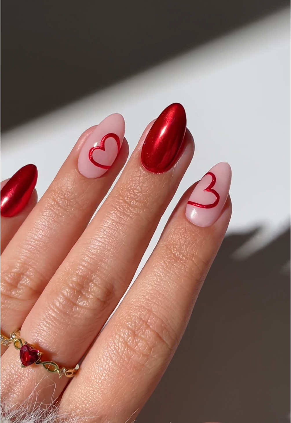 red chrome heart nails ♥️✨ 💕all products are linked in my storefront *affiliate #chromenails #nailinspo #valentinesnails #heartnails #rednails #cutenails 