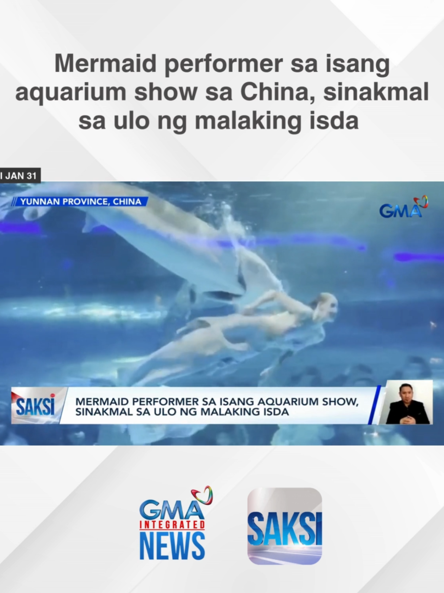 Isang babaeng naka-bihis sirena sa China ang biglang sinakmal sa ulo ng malaking isda. #Saksi #BreakingNewsPH