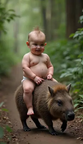 Baby takes a capybara ride.  #baby #cute #capybara #Love #funny #viralvideo #ai #aivideo 
