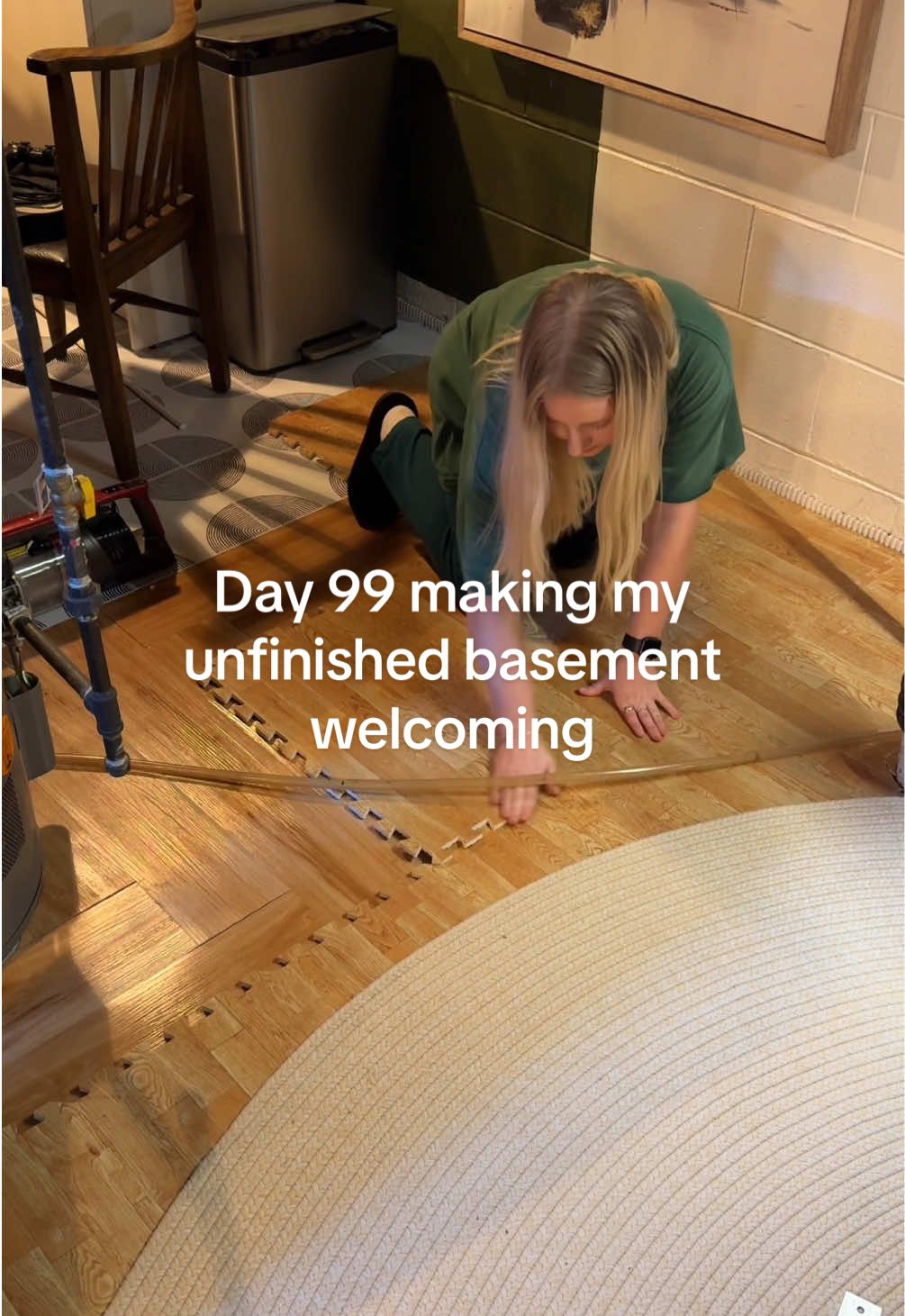 Slowly adding in all the flooring! #unfinishedbasement #basement #asmr #basementseries #welcoming #basementcleanout #basementflooring #matfloor 