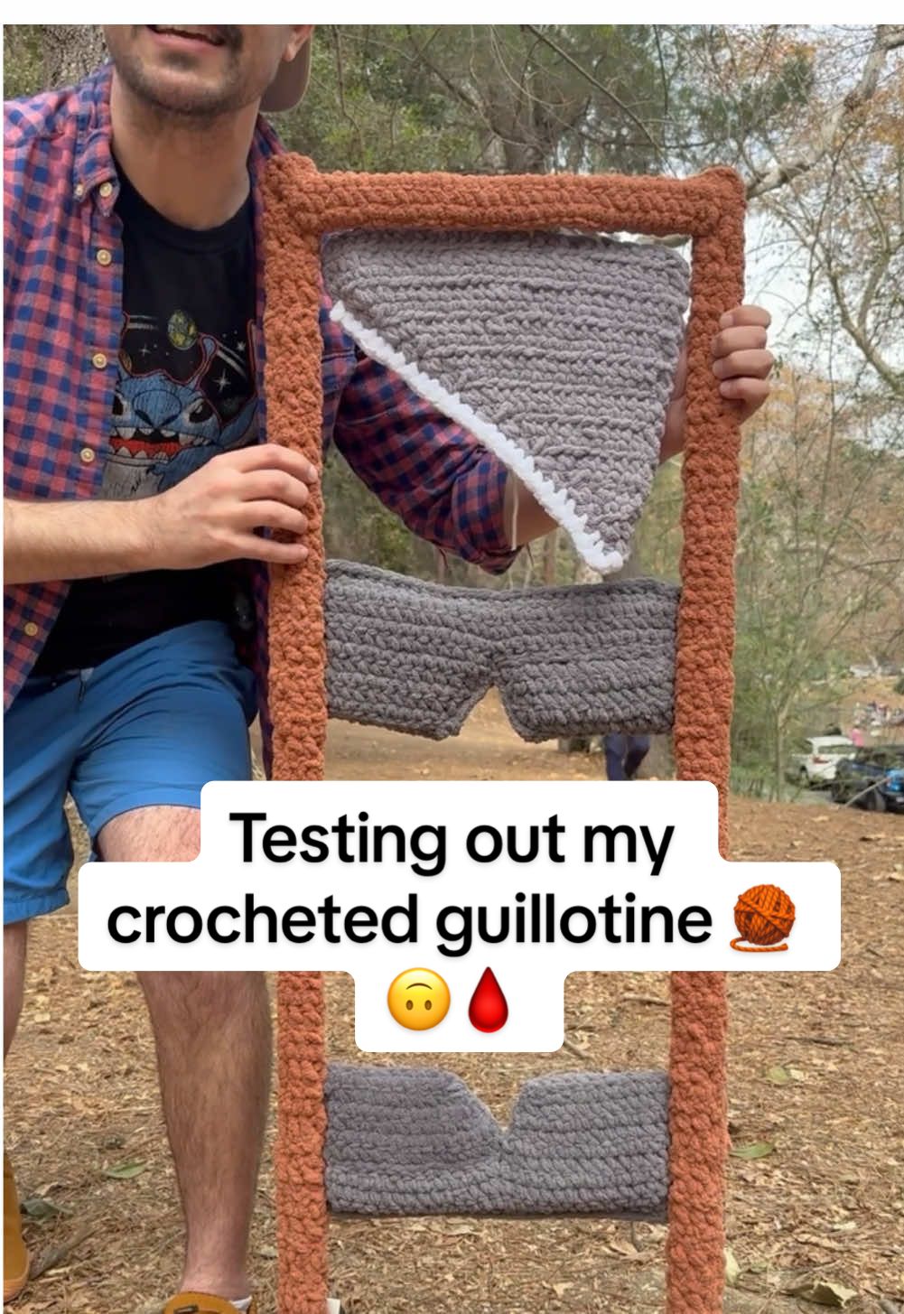 Excited to finally test out my sweet crocheted guillotine 🧶🙃🩸 Sorry @Lamb  Just remember, guillotines are always cutting edge technology. This pattern will be in my book btw 🧡📚Coming in July 2025, but you can preorder now! Link in bio 🫣 Thanks for the sweet shade @Pit Viper. You’ve made me air-BRO-dynamic😎 #crochet #crochethumor #guillotine #crochetpatterns 