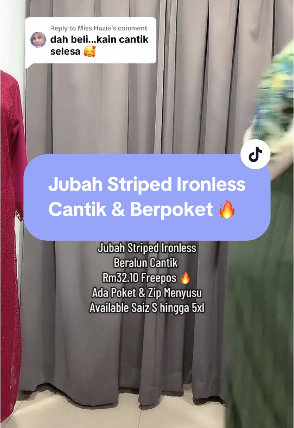 Replying to @Miss Hazie Tq tau sis dah grab Jubah Striped lawa dan Kain beralun. Jubah Striped Ni Plussaiz Pun Blh Pakai. #jubahmuslimah #ootdhijab #muslimahootd #Muslimah #ironless #OOTD #fashion 