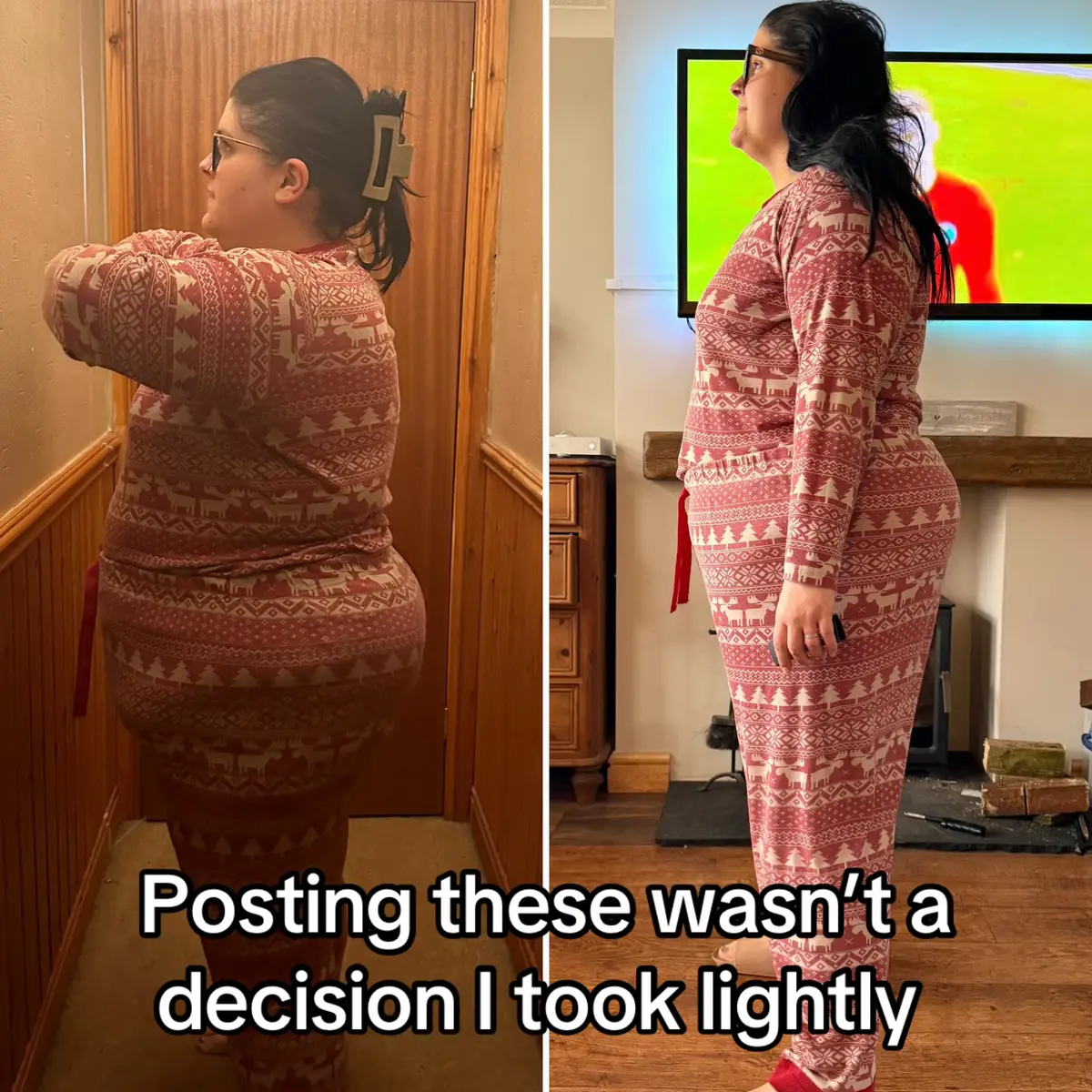 Before and after! I burst out crying when I saw the the side angle one. Mad how you don’t always see it when you look in the mirror! #glp1 #mounjaro #caloriedeficit #results #nsv #progress #consistency 