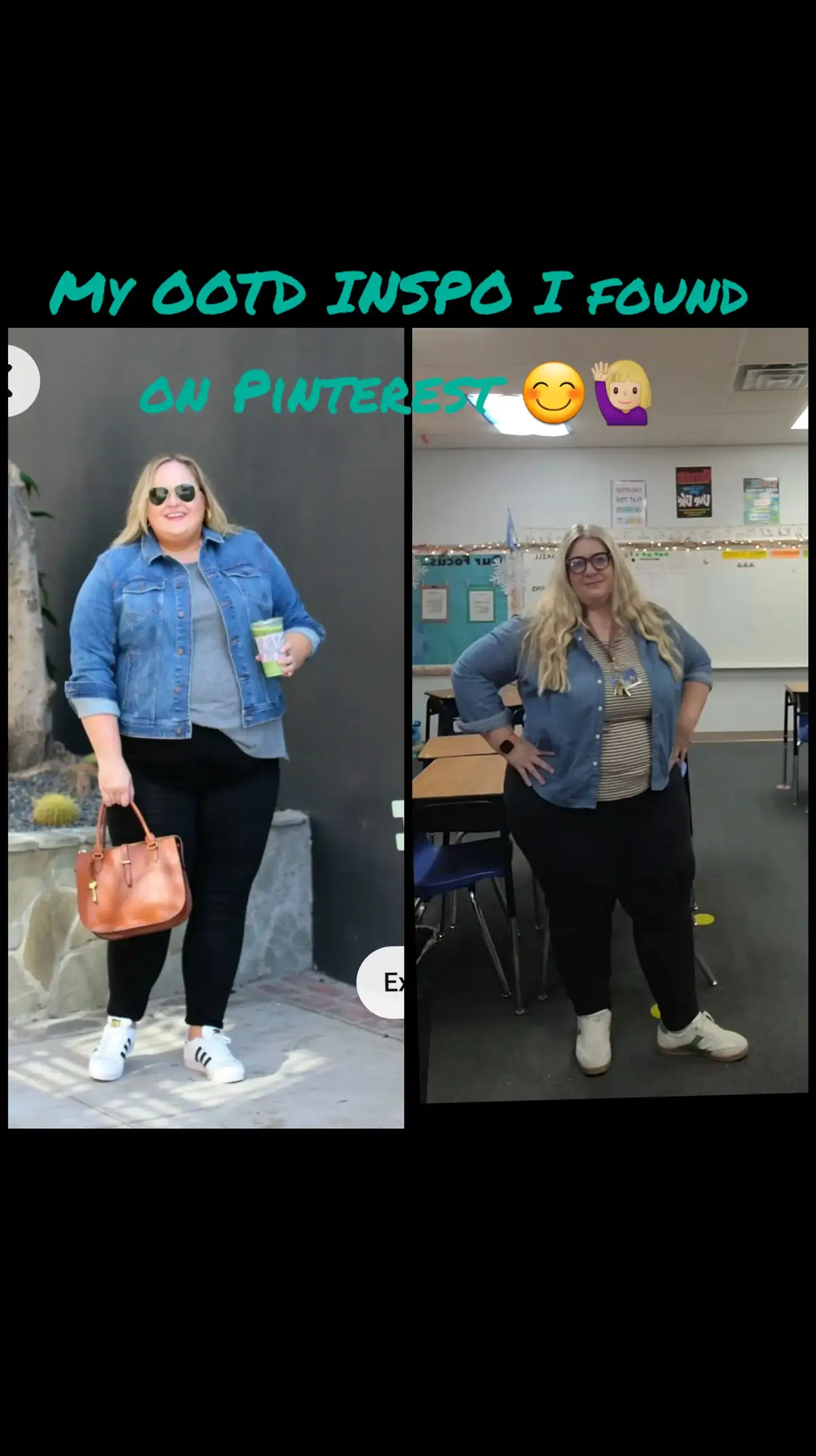 I enjoy searching #pinterest to get some inspiration for outfit ideas of items I already have in my closet. This is what I came up with on Friday from the picture on the left. Pretty close! 😅🙋🏼‍♀🙌🏼 #plussizefashion #plussizeteacheroutfits #ootdinspo #whatiwear #fyp #fypppppppppppppp 