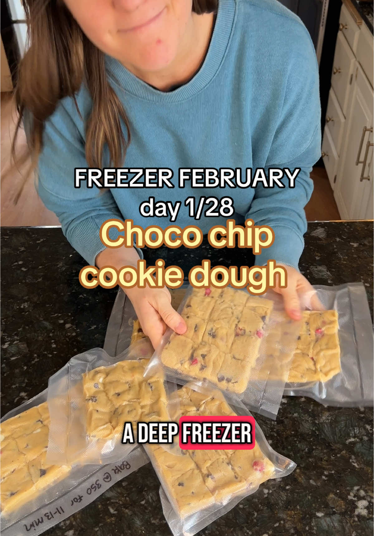 Day 1/28 FREEZER FEBRUARY: Chocolate Chip Cookie Dough 4 sticks melted butter 2 cups brown sugar 1 cup sugar 4 eggs 1 Tbsp vanilla 1 tsp baking soda  1 tsp baking powder 1 tsp salt 5 cups flour 3-4 cups chocolate chips/mix ins 1. Mix all ingredients together, adding in the chocolate chips last 2. Spray a rimmed cookie sheet with oil and line with parchment paper 3. Spread dough evenly onto pan, and cut into squares (about 60 squares) 4. Put pan in freezer and allow to freeze for about 2 hours 5. Once frozen, break into slabs, and freeze in a freezer safe bag (don’t forget to label your bag with its contents, date, and cooking instructions) 6. Bake from frozen at 350*F for 11-13 minutes Recipe from @Design Eat Repeat, Easy Baking #freezermeals #foodprep #foodstorage #mealprep #madefromscratch #homemade 