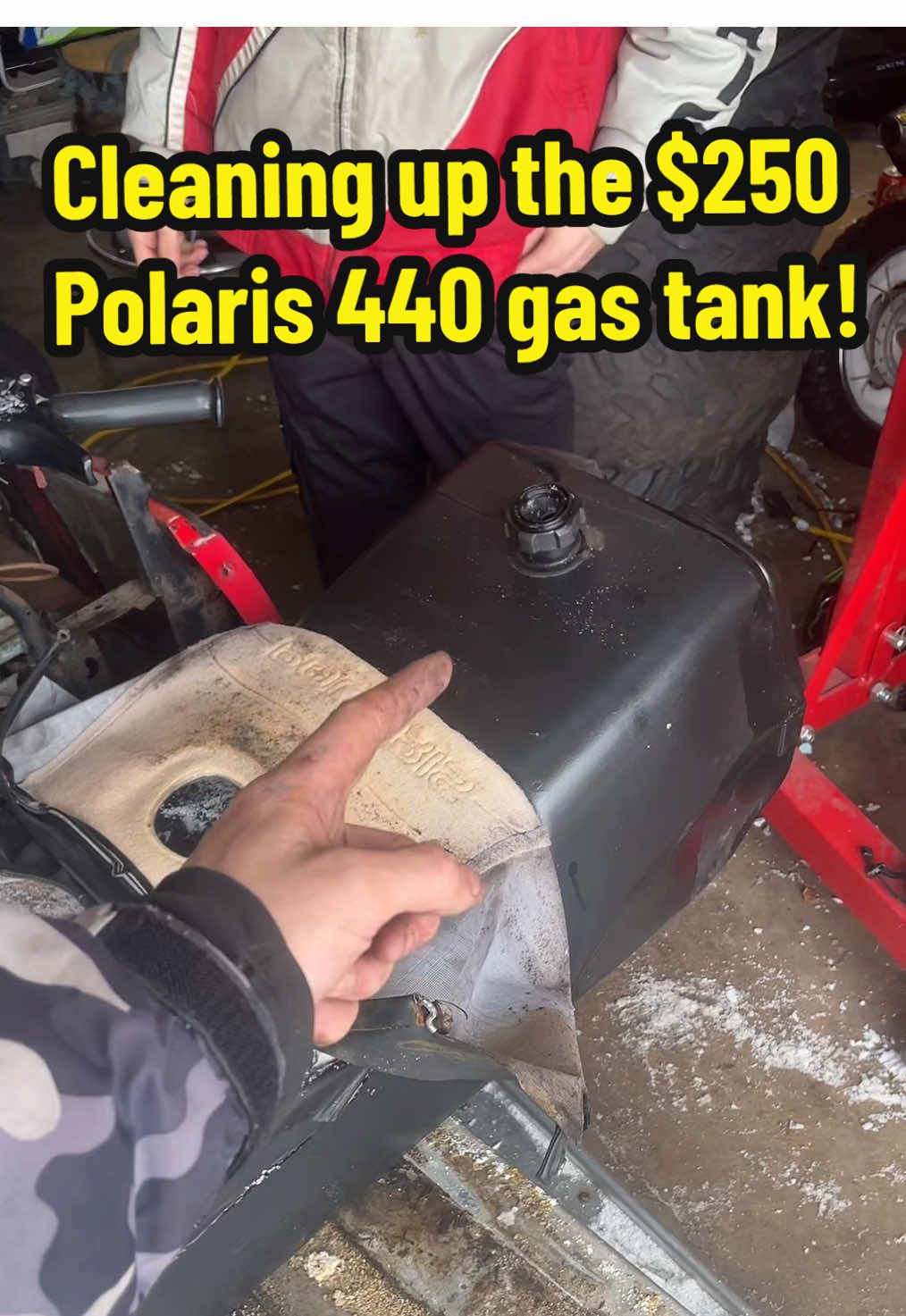Let’s pull the gas tank off the $250 snowmobile and flush it! 🙏🔥   Turns out after 4 hours of work it still runs like a dog. It runs fine but as soon as I warm that belt up it doesn’t wanna move the sled. I think this is why! 🤔 #darzrt #snowmobile #sledtok #polarissnowmobiles #yz125 #mototok #foryou #fyp 
