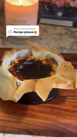 Replying to @Sm  Mini Basque Cheesecake -150g cream cheese (⅔ cup), room temp -50g sugar (¼ cup) -60g heavy cream (¼ cup) room temp -1 large egg, room temp -3g cornstarch (1 tsp) -¼ tsp vanilla paste 	1.	Preheat oven to 480°F (250°C). Line a 4-inch cheesecake pan with parchment. 	2.	Beat cream cheese until smooth. Add sugar & mix until combined. 	3.	Stir in the egg, then add vanilla & cornstarch, mixing until smooth. 	4.	Pour in heavy cream & stir until fully incorporated. 	5.	Pour batter into the pan & bake for 12 minutes. 	6.	Switch to the broiler for 1-2 minutes (depending on how dark you want it). 	7.	Cool, then chill overnight before serving.