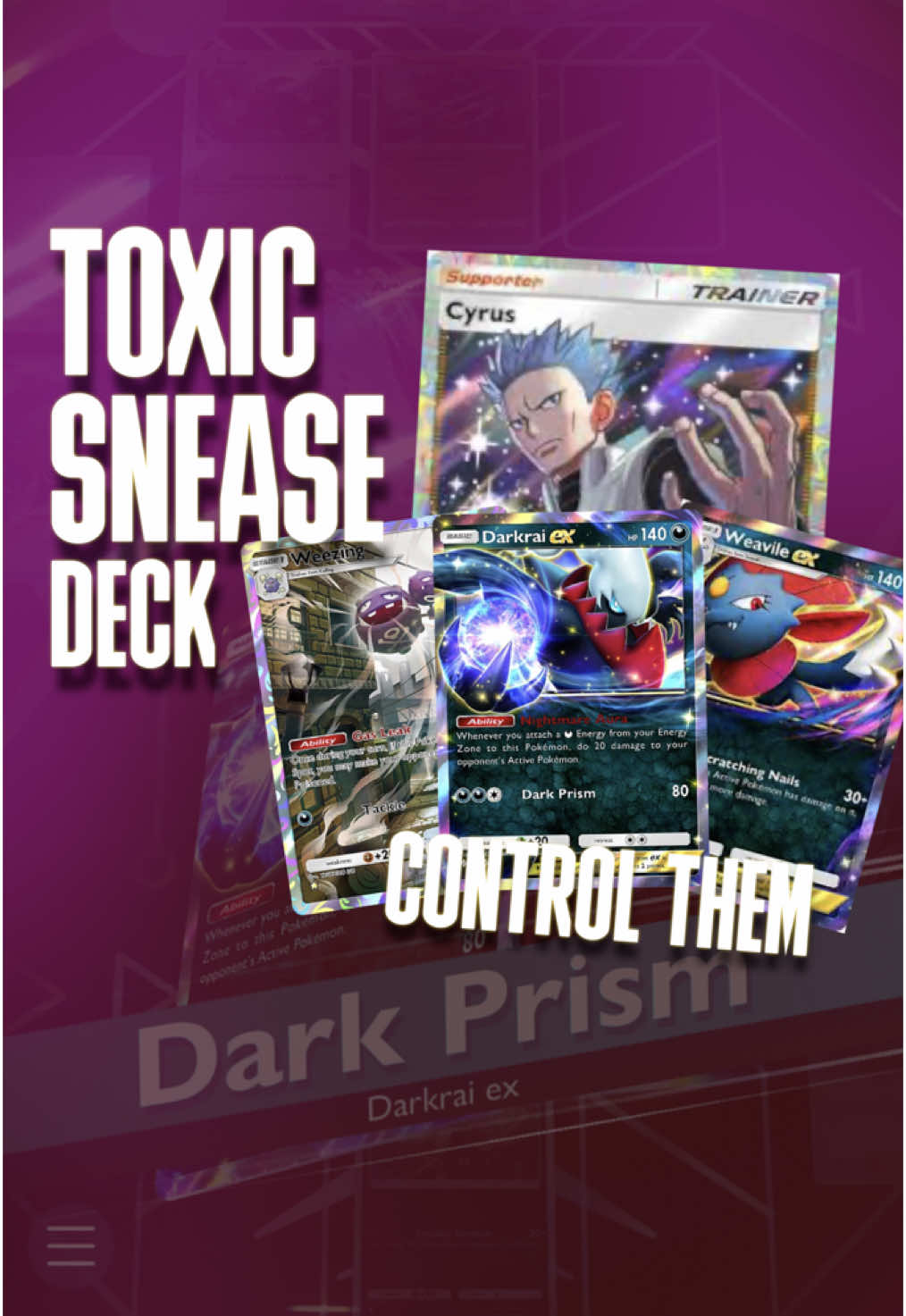 Darkrai is going to cook in so many ways! 😍  Darkrai and weaville caught my eye instantly before release and I knew it was the deck I wanted to build first, this one consists of playing them both, alongside Weezing and spiritomb to inflict poison and damage to your opponents entire team. There are going to be sooooo many ways to play Darkrai, I’ve even seen it combined with magnezone it can go that far…. You can always swap some of the pieces in this deck out for something like ‘Dawn’ to move energy from Darkrai to your active weaville, to deal even quicker max damage!  Pros:  -Fast -Passive damage -Poison -Cyrus swaps -buff against psychic -easy modifications Cons: -Weezing retreat costs -leaf types -Fighting types -starting with only Darkrai -if they heal their bench #pokemonpocket #pokemoncommunity #dakrai #spacetimesmackdown