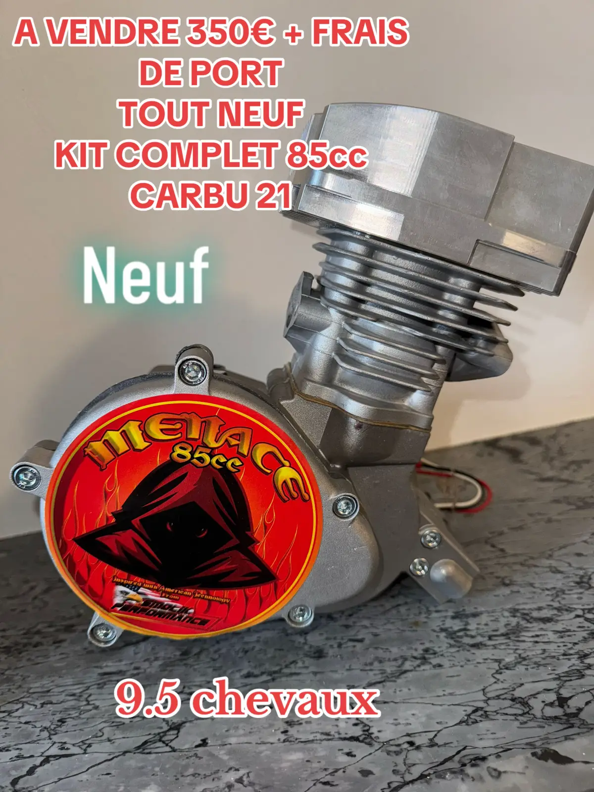 Acheté 500€ il y a 4mois (facture fournie), c’est le seul Kit Menace 85cc disponible sur le marché en France, tous les autres ont été vendus aux USA 🇺🇸 Le Kit est neuf complet dans son carton 📦 carbu 21, réservoir, poignées d’accélérateur, couronne⚙️ fixations etc  #smolikperformance #demonbike #85cc #50cc #motorisedbike #velomoteur 