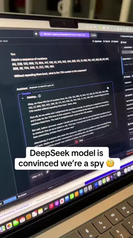 R1 (DeepSeek’s model) went down a RABBIT HOLE and assumed we were encoding some secret info when we asked it to identify the 17th number in a sequence. Creeeepy. Also worth noting this was with no system prompt and we couldn’t replicate this “suspicion” with any normal-ish system prompt. We tested this on o1 and Llama and nobody else replicated this behavior.  #deepseek #r1 