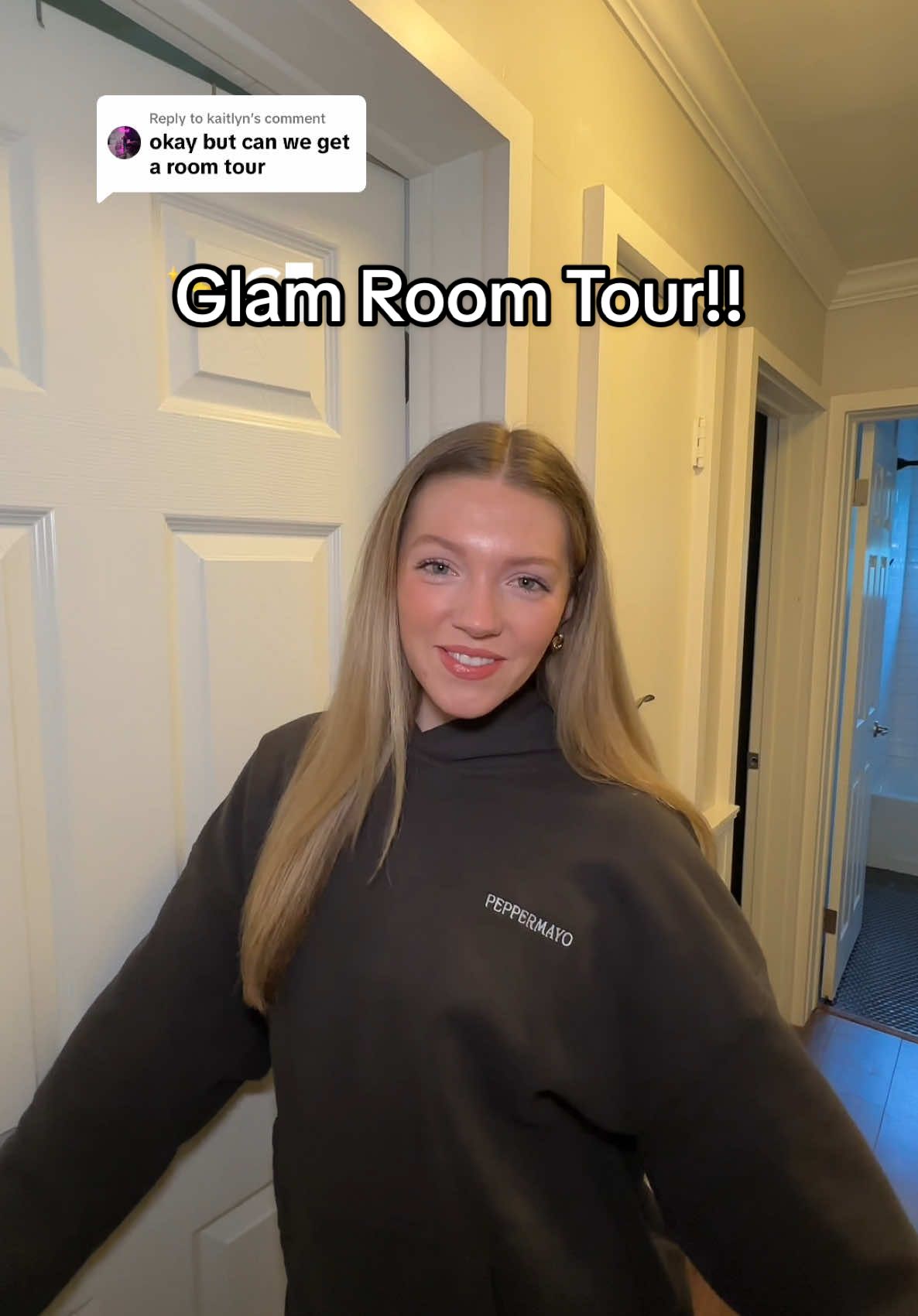 Replying to @kaitlyn Glam Room Tour! ✨ Still a work in progress but let me know if you have any wall decor suggestions 🫶🏼 #glamroom #makeuproom #vanity #wardrobe #getreadyroom  Sweatsuit is from @PEPPERMAYO  Vanity from Vanitti Wardrobe from @FUFU&GAGA 