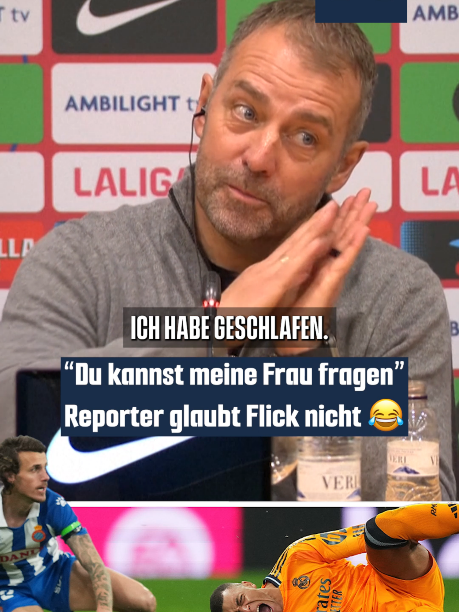 Lustige Szene auf der Flick-PK. 😁 Der Deutsche wurde zur strittigen Mbappé-Szene im Spiel gegen Espanyol gefragt, das gestern Abend stattfand. Doch da lag Flick schon im Bett. 😉😴