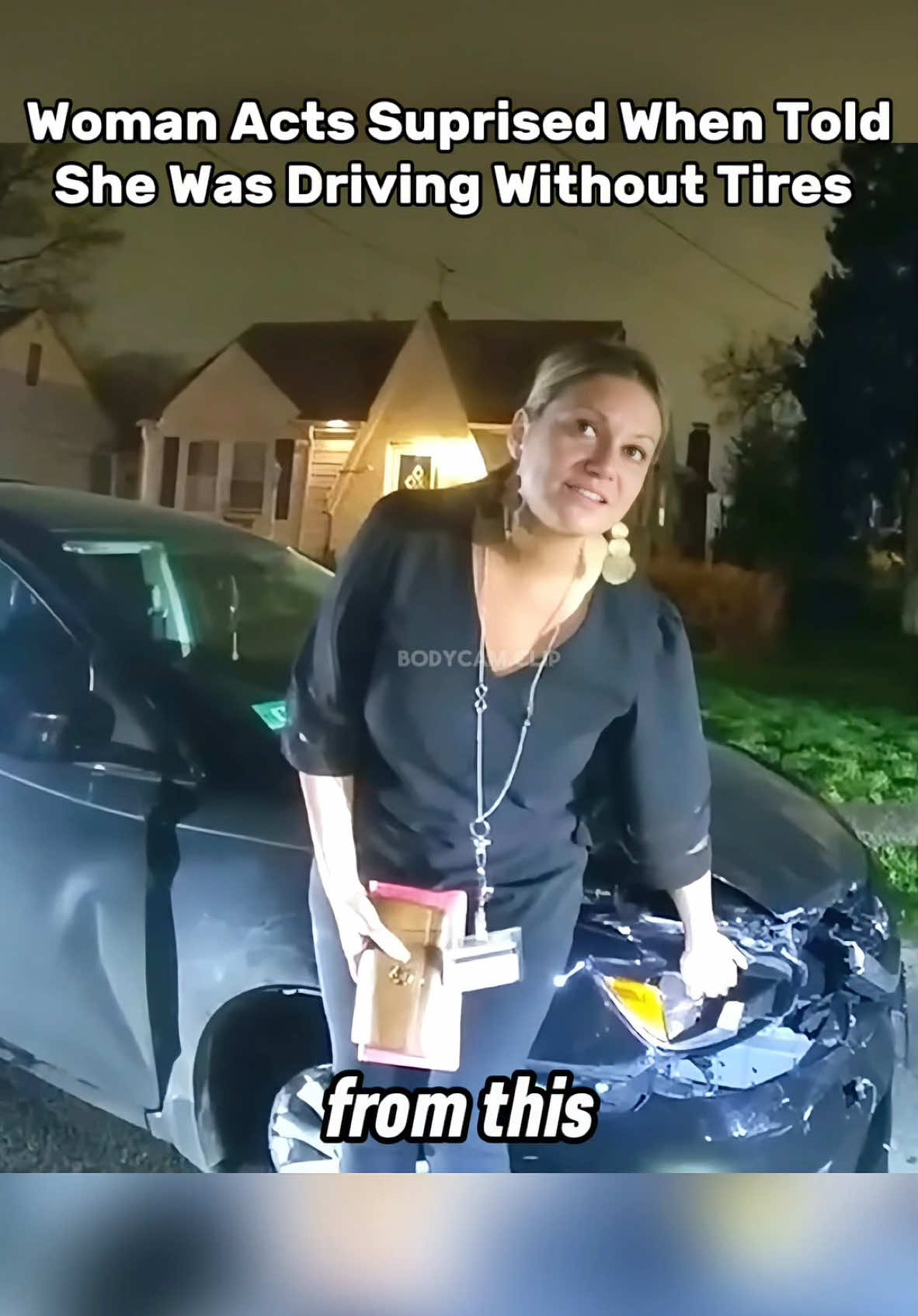 After an officer witnessed a woman losing a tire and continuing to drive at a high rate of speed, he later found her pulled over sleeping in her car. Once questioned he realizes that she was missing multiple tires and the front of her car was totaled. The woman acted surprised and said she had totaled her car 3 weeks prior. How did she drive with no tires? #fypツ #bodycamera #duiarrest #girlarrested #copcam 