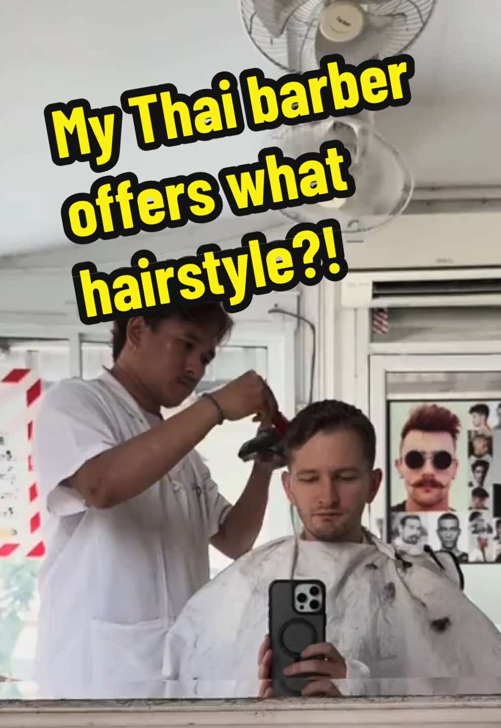 My barber in Thailand has some very interesting hairstyle choices. ✂️🤔 Can you guess where this one’s from? 😂 #Thailand #BarberLife #HairstyleChoices #TravelHumor #CulturalClash #FunnyMoments #ThaiCulture #ExploringThailand #HaircutFails #UnexpectedSurprise