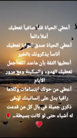 أعطي الحياة قلباً صافياً تعطيك أملاً دائماً أعطي الحياة صدق النوايا تعطيك أناساً يذكرونك بالخير أعطيها الثقة بأن ماعند الله أجمل تعطيك الهدوء والسكينة ومع مرور الأيام  أعطي من حولك ابتسامات وكلاما راقيا يدل على إنسانيتك لتبقى ذكرى جميلة في بال كل من قدمت له أشياء حتى لو كانت بسيطة،، 🌹♥️