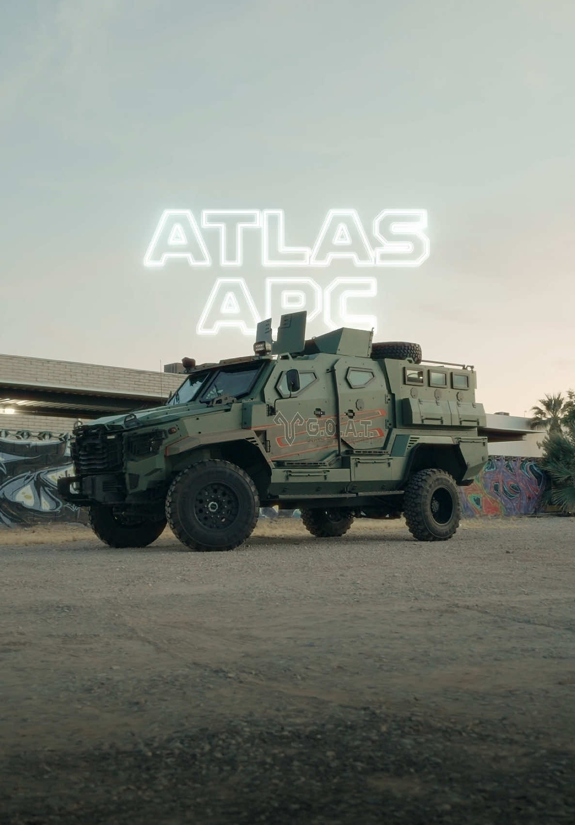 The ATLAS APC is the Civilian Variant of a current generation Armored Personnel Carrier (APC) being used in active combat zones around the globe. It has one mission: Safely transport its occupants and cargo to the destination, no matter the threat.   #tactical #armoredcar #gunsout #goattrucks #owntheroad #getgoat