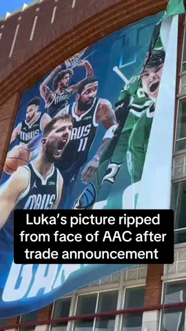 NBC 5 captured crews removing a banner outside of the American Airlines Center that had a photo of @Luka after the announcement of his trade to the @Lakers.  #dallasmavs #lakers #lukadoncic #luka #nbcdfw 