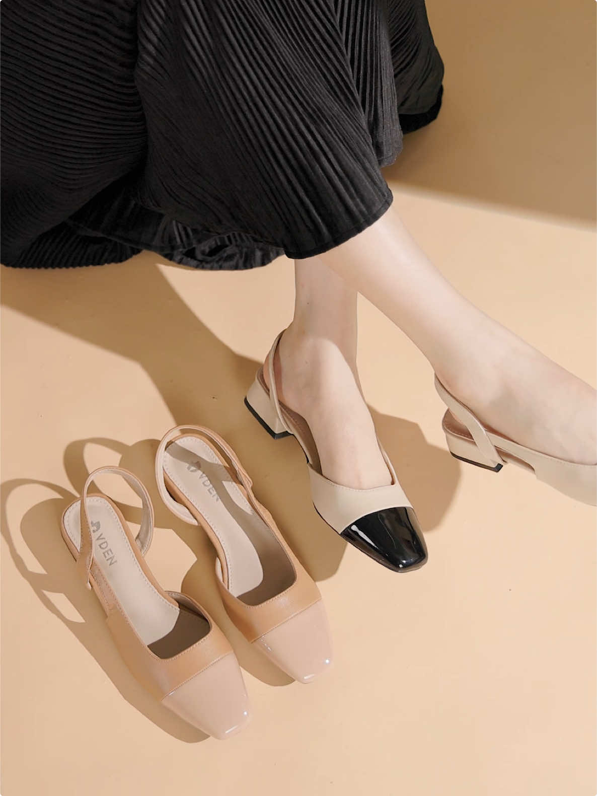 VDEN Women Black Beige Square Toe Buckle Block Heel Shoes Slingback#vdenshoes #vden #womenshoes #shoes #tiktokshop #heels #sandals 