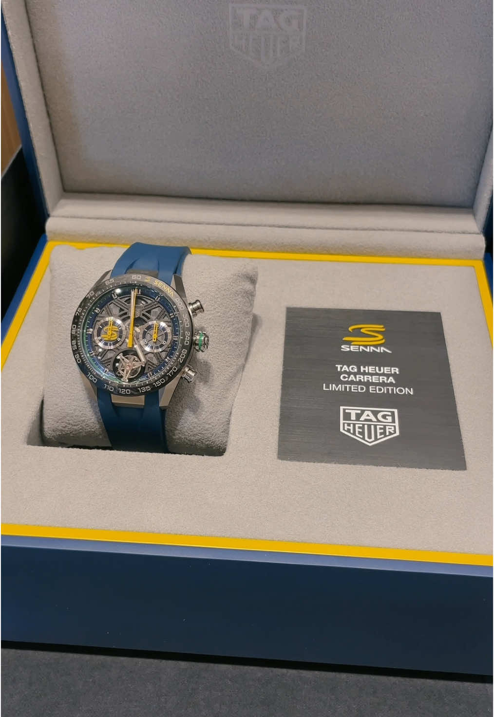 A rich legacy of speed-driven adrenaline infuses the TAG Heuer Carrera Extreme Sport Chronograph Tourbillon X Senna. Crafted with a redesigned case and a signature skeletonized dial, this vibrant timepiece is a bold tribute to the iconic Ayrton Senna. Driven to dare.🏎️ Limited Edition 144 out of 500