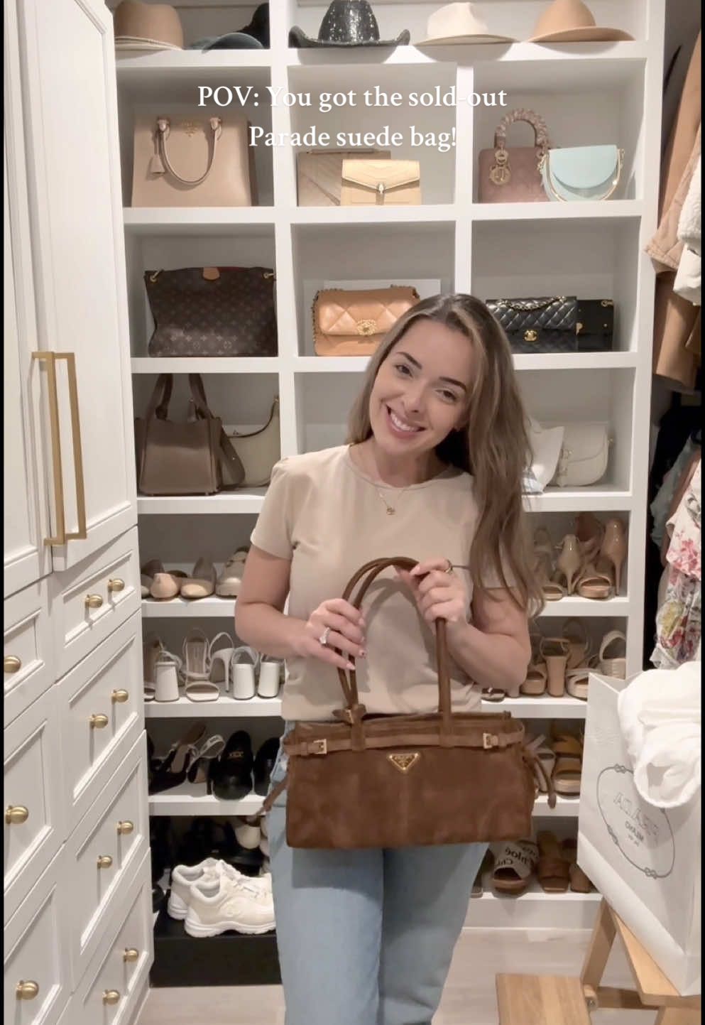 POV: You got the sold-out Prada suede bag! 🤎✨  Saw this trend and just had to try it! 🤭 #trends #trendingsound #bagunboxing #suedebag #fallbag #winterbag #classic #instyle 