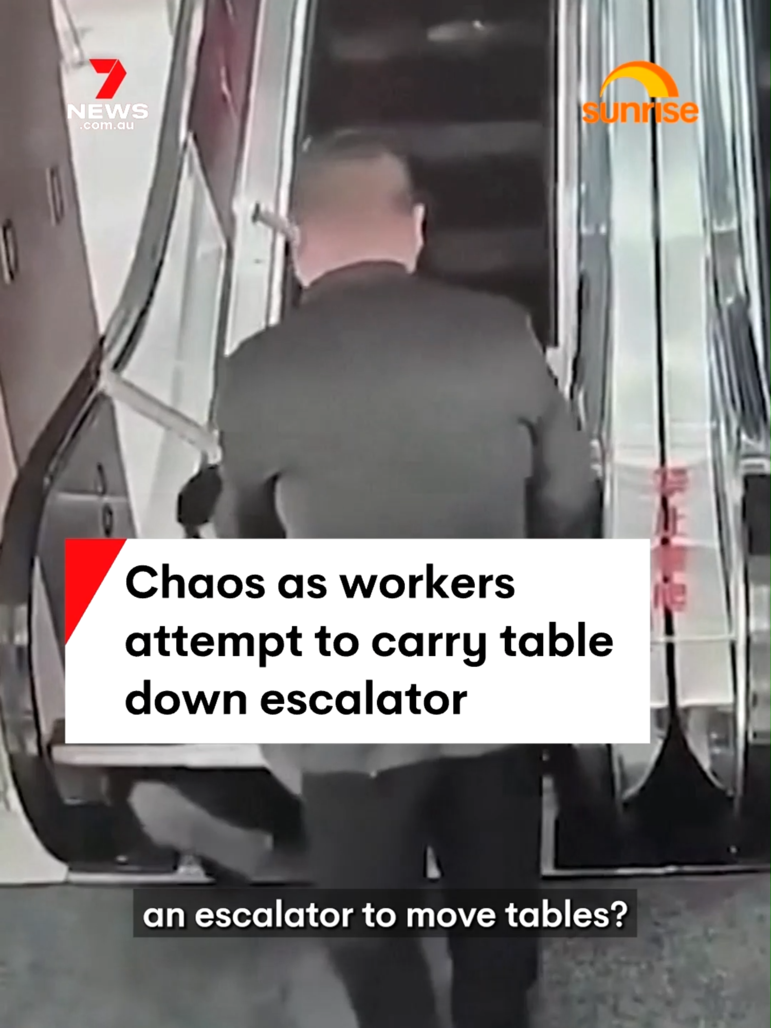 Workers at a store in Shanghai have learned the hard way not to carry a table down the escalator. Luckily,no one was injured. #tablefail #escalatorfail #coworkers #cctvfootage #fail #7NEWS