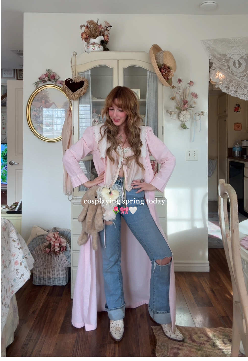 Pretending it’s sunny, flowers are blooming, the temp is 70!!! Dreaming 💭 #shabbychic #shabbychicaesthetic #vintage #lovecoreaesthetic #pinkthings #girlyfinds #fitcheck #cowboyboots #eyeletdress #pinktop #coquette 