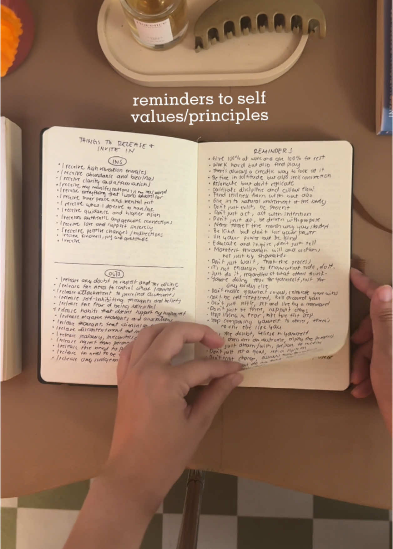sharing how my 2025 journal looks so far— before my daily entries, I always set up my journal for the new year like this ✨✨ - my intentions - what I invite in and what I release (ins &outs) - reminders to self - affirmations - goals by quarter - goals by theme ☁️ New stuff I added  - my focuses - I wanted to add a polaroid picture in the front but I haven’t taken one yet! How’s your 2025 journaling going so far? #2025journal #journal #journaling #journalsetup #journalprompts #journaltips #journalspread