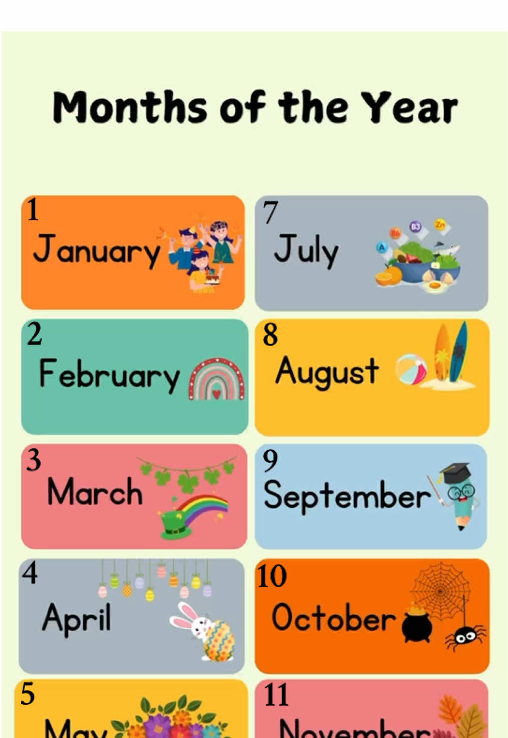 🗓️ MONTHS OF THE YEAR📆  #LearnOnTikTok #preschoollearning #preschool #englishforkids #nursery #kindergarten #kinder #kidstiktok #educationalvideo #trendingvideo #speakingenglish #basicenglishgrammar #englishvocabulary #english #เรียนภาษาอังกฤษ #อังกฤษ #learningenglish #หัดพูดอังกฤษ #englishlesson # #education #monthsoftheyear 