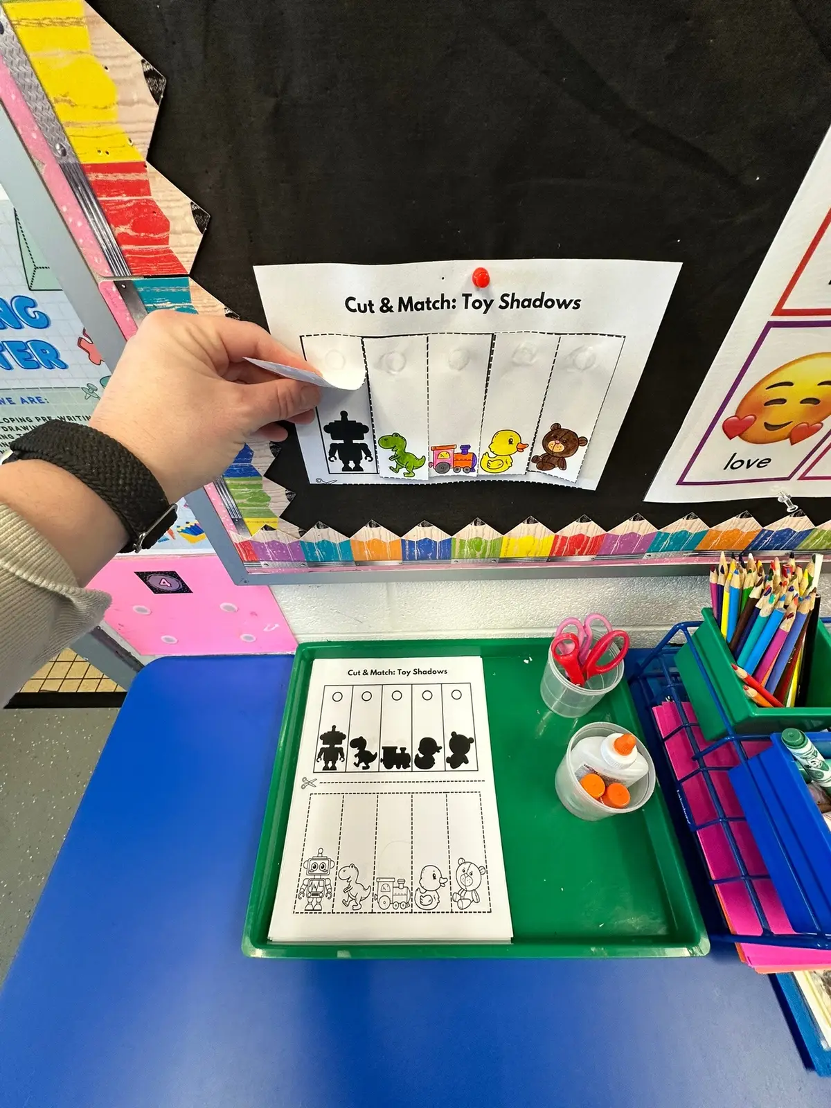 Check out how I’ve set up my writing center for the first few weeks of February! You can find these resources at preschoolvibes.com.