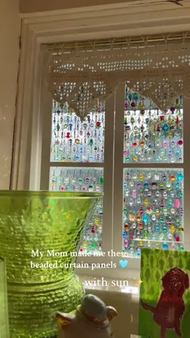 My mom has been making me these beaded chicken wire curtains! We realized 6 fit my small windows perfectly. She also made the small paintings of my pets. Thanks mom I love them. #craft #chickenwire #artistsoftiktok #DIY #fyp