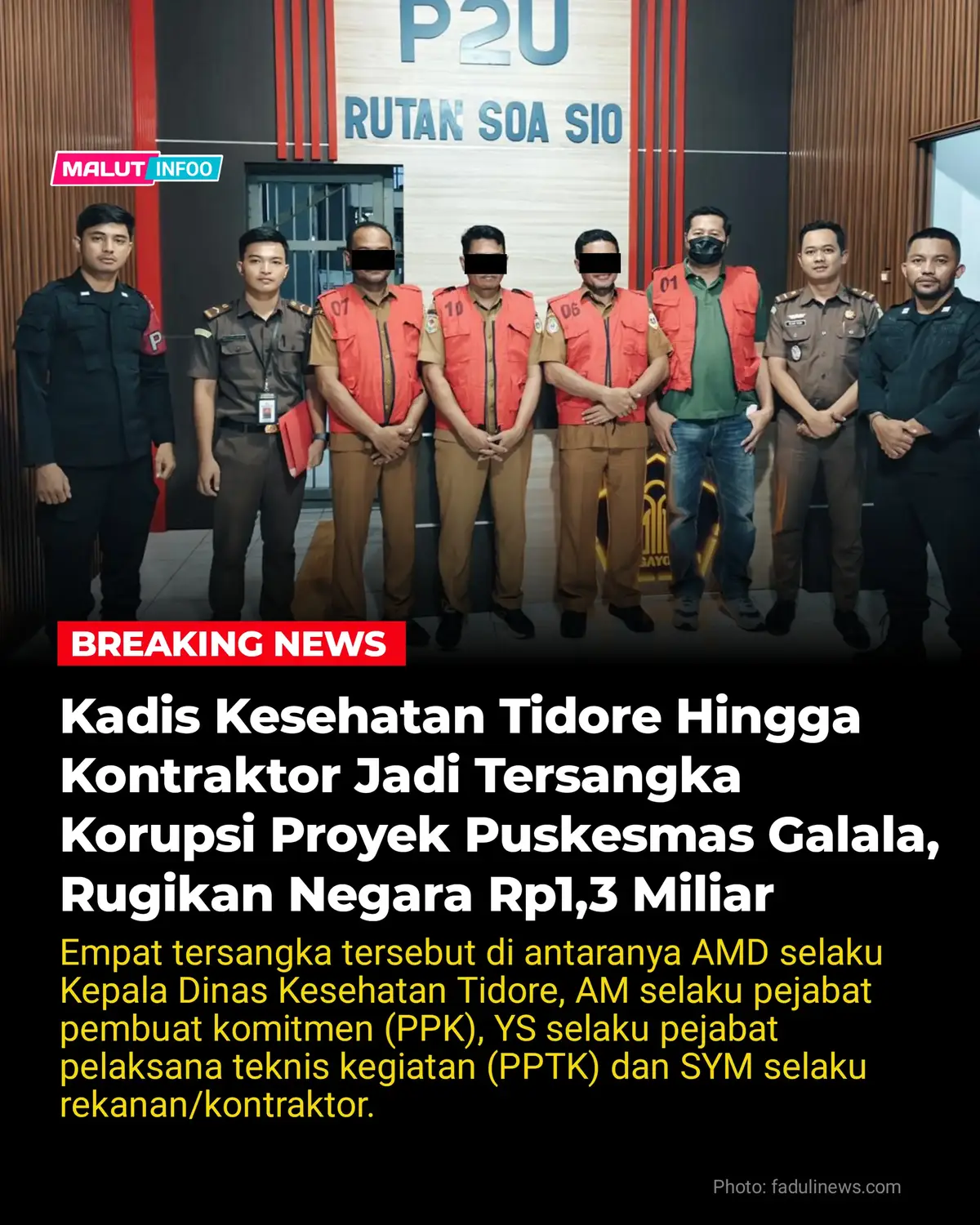 _Kejaksaan Negeri (Kejari) Tidore Kepulauan, Maluku Utara  resmi menetapkan dan menahan empat tersangka dalam kasus dugaan tindak pidana korupsi proyek pembangunan Puskesmas Galala, Dinas Kesehatan Kota Tidore Kepulauan Tahun Anggaran 2022. Empat tersangka tersebut di antaranya AMD selaku Kepala Dinas Kesehatan Tidore, AM selaku pejabat pembuat komitmen (PPK), YS selaku pejabat pelaksana teknis kegiatan (PPTK) dan SYM selaku rekanan/kontraktor. Ke empatnya ditetapkan tersangka berdasarkan surat penetapan Kepala Kejaksaan Negeri Tidore Kepulauan dengan Nomor : TAP-01/Q.2.11/Fd.1/02/2025, tanggal 04 Februari 2025, Nomor : TAP-02/Q.2.11/Fd.1/02/2025, tanggal 04 Februari 2025, Nomor : TAP-03/Q.2.11/Fd.1/02/2025, tanggal 04 Februari 2025, dan Nomor : TAP-04/Q.2.11/Fd.1/02/2025, tanggal 04 Februari 2025. Penahanan dilakukan atas dasar kekhawatiran bahwa para tersangka dapat melarikan diri, menghilangkan barang bukti, atau mengulangi perbuatan pidana. Penetapan tersangka sendiri juga berdasarkan Dari hasil audit Badan Pengawasan Keuangan dan Pembangunan (BPKP) Provinsi Maluku Utara, proyek pembangunan Puskesmas Galala tahun 2022 ditemukan merugikan negara sebesar Rp1.373.244.204,64. Para tersangka tersebut dikenakan Pasal Pasal 2 ayat (1) dan pasal pasal 3 Junto. Pasal 18 Undang-undang Nomor 31 Tahun 1999 Tentang Pemberantasan Tindak Pidana Korupsi sebagaimana telah diubah dan ditambah dengan Undang-Undang Nomor 20 tahun 2001 Tentang Perubahan atas Undang-undang Nomor 31 Tahun 1999 Tentang Pemberantasan Tindak Pidana Junto. Pasal 55 ayat 1 ke-1 KUHP.