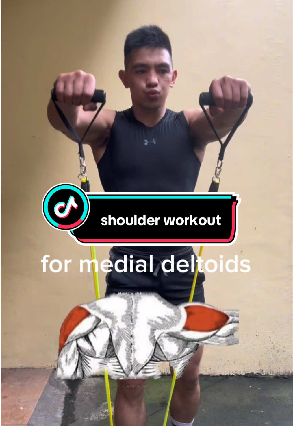 Deltoid workout using resistance bands that targets all three heads of the deltoids effectively: **💪 Deltoid Resistance Band Workout** •FRONT RAISES    -How to Do It: Stand on the band and hold the handles in front of your thighs. Raise your arms straight in front of you to shoulder height.    -Reps: 3 sets of 10-15 reps. •LATERAL RAISES    - How to Do It: Stand on the band and hold the handles at your sides. Raise your arms out to the side until they are parallel to the ground.    - Reps: 3 sets of 10-15 reps. •HIGH PULLS      -How to Do it: Hold the handle. Pull the band upward, leading with your elbows and keeping them higher than your hands.     Reps: 3 sets of 12-15 reps **Tips for Best Results** Start with a lighter resistance to master the form before progressing to heavier bands. **Focus on slow, controlled movements** to engage the muscles effectively and prevent injury. **Keep your core engaged** throughout the exercises for stability. Incorporating these exercises into your routine will help you build strong, defined shoulders!   #resistancebandworkout #resistancebands #homeworkout #shoulderworkout #fitnesstips #fitnessmotivation #fitnesstiktok #nogymnoproblem #fyp #trending 
