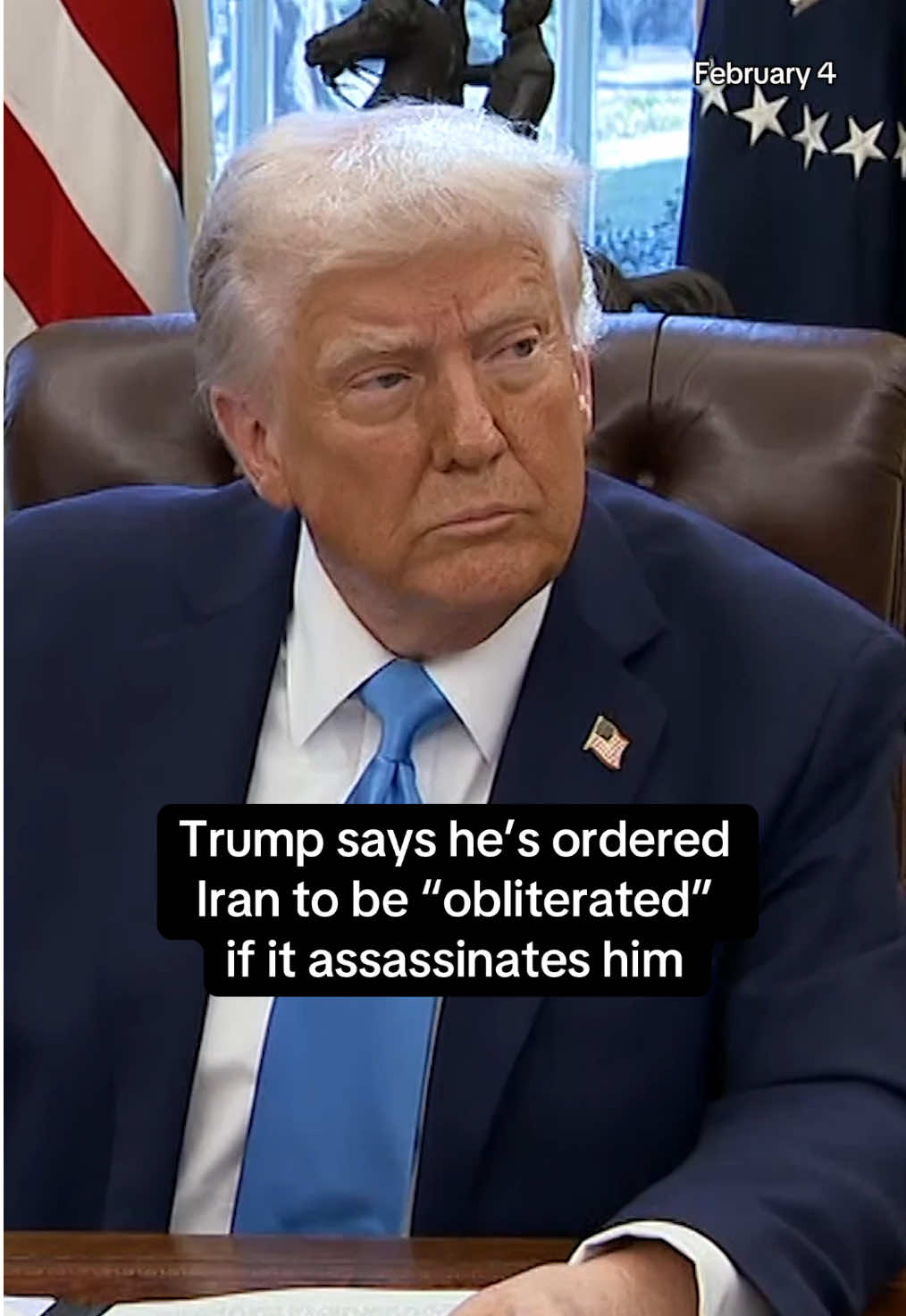 President Trump said Tuesday that if Iran were to assassinate him, “they would be obliterated,” saying he’s “left instructions” for his advisers. “There won’t be anything left,” he said in an exchange with reporters while signing an executive order calling for maximum pressure on Tehran. Federal authorities have been tracking Iranian threats against Trump and other administration officials for years. Trump has long been a point of ire for the Iranians, most notably for directing the 2020 airstrike that killed top Iranian commander Gen. Qasem Soleimani. #trump #donaldtrump #iran #unitedstates #politics 