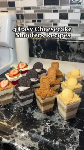 Four Easy Cheesecake Shooters Cup Recipes!  Which one was your favorite?😋✨ #cheesecake #cheesecakefilling #cheesecakeshooters #howtomake #dessert #postre #EasyRecipe #recetasfaciles #postresfaciles #postresindividuales #dessertcups #homemade #strawberrycheesecake #oreocheesecake #vanillacheesecake #biscoffcheesecake #beginner #quickandeasy #CapCut #easy 