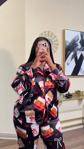 Omg how cute are these pyjamas 😍😅 big back behavior but love it and love me some chikfilla on my cheat days #pyjamas #satinpyjamas #pyjamaset #sleepwear #fun #girlsnightin #creatorsearchinsights #fyp 