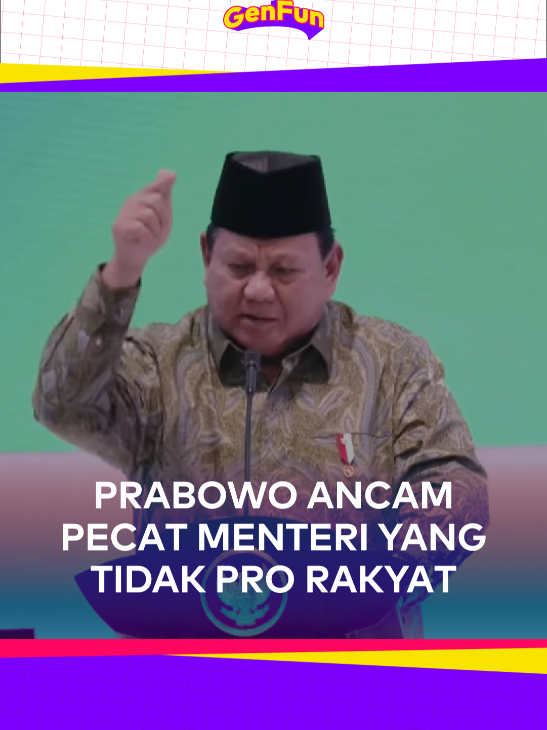 Presiden Prabowo Subianto menegaskan akan mengambil tindakan tegas terhadap aparat negara yang menghambat kebijakan pemerintah dalam membantu masyarakat Indonesia. Ia mengingatkan bahwa setiap aparat harus sepenuhnya setia dan bekerja demi kepentingan rakyat. . 