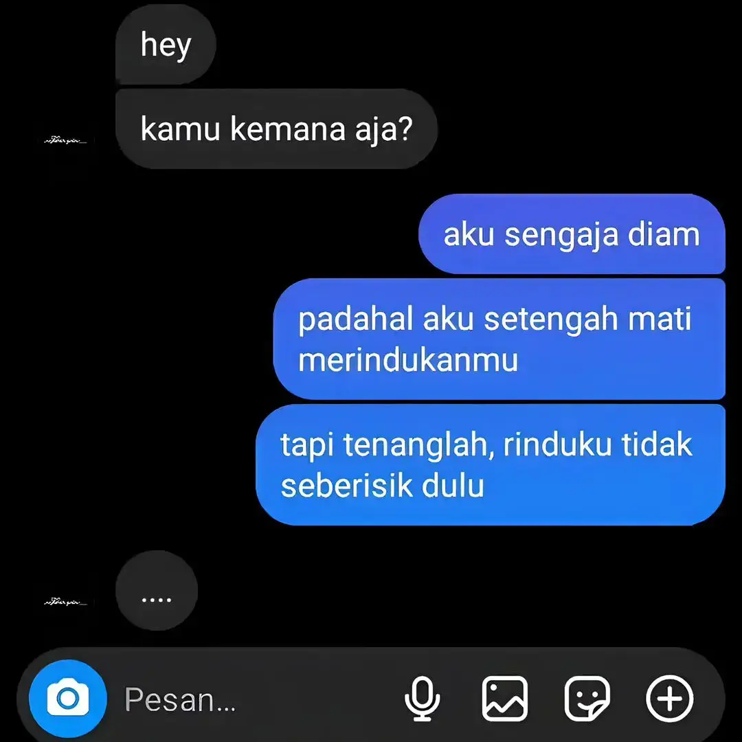 lucu rasanya saat membaca ulang chat kita dulu. betapa mudahnya aku tersenyum dengan beberapa kata yang kamu ketik. dan betapa mudahnya aku tertawa dengan candaanmu yang aneh. setelah mengenalmu, baru aku sadari kalau bahagia merupakan perkara yang mudah. karena bahagia ada di-tangan dan kuasa kita sebagai seorang manusia. saat aku mengenang kisah kita dahulu, rasanya ada hal yang kurang sebab hadirmu samar-samar terasa. singkatnya, bila dengan memikirkannya membuatmu menitikkan air mata, maka kamu masih mencintainya dan dia masih segalanya. sayangnya semesta meminta kita untuk berpisah. dimana buku kita harus berhenti untuk di-tulis lalu di-simpan untuk selama-lamanya. kepergianmu benar-benar menyisakan lubang yang begitu dalam, yang tak akan pernah penuh walau di-isi hal sebanyak apapun. karena seribu orang datang tidak akan semeriah kehadiranmu. karena seribu orang pergi tidak akan semenyakitkan kerpergianmu. hidupku masih berputar dengan dirimu sebagai pusatnya. karena dirimu bagaikan kepingan terakhir dalam hidupku yang hilang. dan kenyataan bahwa dirimu itu tidak tergantikan memang benar adanya. berkali-kali aku mencoba hubungan yang baru dengan awal yang sama. tetapi lagi-lagi kenyataan mengecewakanku karena sosokmu lah yang aku sangka. karena tidak bisa di-pungkiri bahwa orang yang mirip, hanya akan sebatas mirip dan tidak akan pernah sama. terimakasih, karena setidaknya kamu pernah hadir. terimakasih, karena telah menjadi sosok yang tak tergantikan. dan terimakasih, karena telah meninggalkan begitu banyak kenangan, sehingga saat aku merindukanmu, aku bisa lagi dan lagi mengenangmu. sampai berjumpa lagi, sebab tidak akan ada kata selamat tinggal di-antara kita #fyp#mlbb