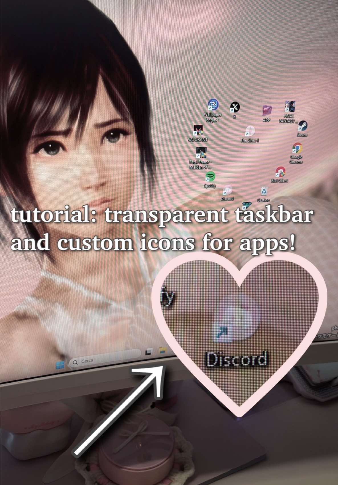 tutorial for transparent taskbar + custom icons for apps🤍 #tutorial #decoration #girlsetup #mouse #keyboard #kawaii #fyp #pinksetup #gaming #apps 