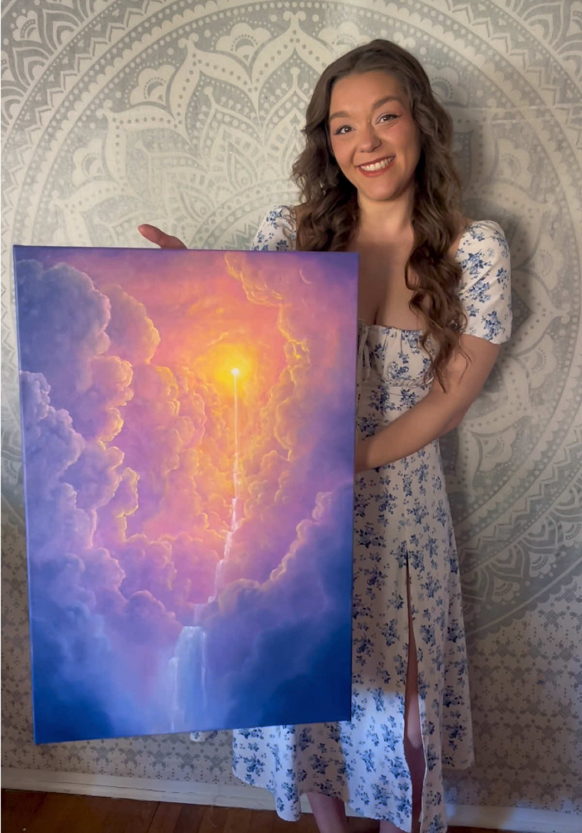 I’m sending this one off to Germany today! I loved putting my whole heart into this one. Prints of this are up now. 💛  #haleygrecoartwork #oilpainting #artvideo #arttok #dreamyart #cloudscapepainting #cloudpainting #artistoftiktok 