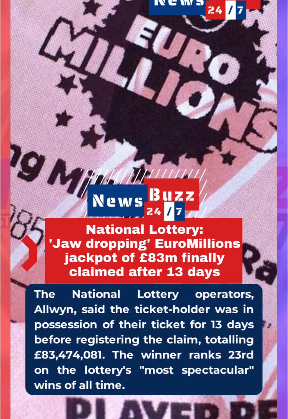 £83m EuroMillions Jackpot CLAIMED after 13 days! Imagine holding onto that golden ticket! What’s the first thing you’d buy with £83m?  #Euromillions #Jackpot #LotteryWinner #fy #fyf #fyp #foryou #lotteryticket #BreakingNews #LifeChanging