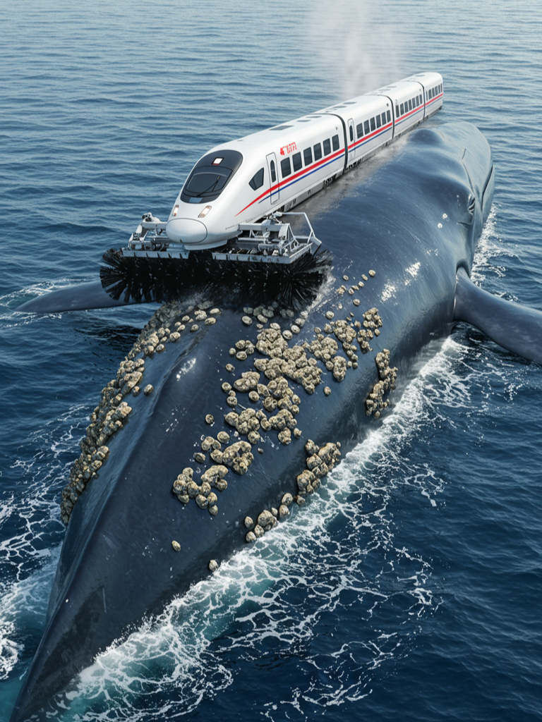 A New Way of Ocean Care: High-Speed Train Removes Barnacles for Whales! #Barnacle #aigenerated #whale #OceanCare #WhaleRescue #train