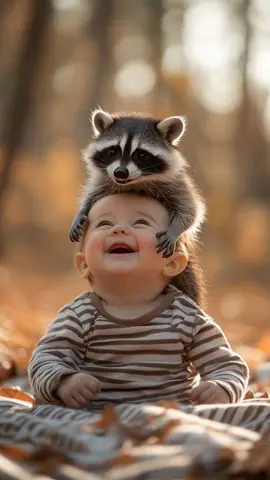Baby and raccoon. Cute as can be.  Created wirh #midjourney for images @Hailuo AI (MiniMax) for video.  #fyp #baby #raccoon #cute #ai #aivideo #aisound #viralvideo #edit #animals #puppy #kitten 
