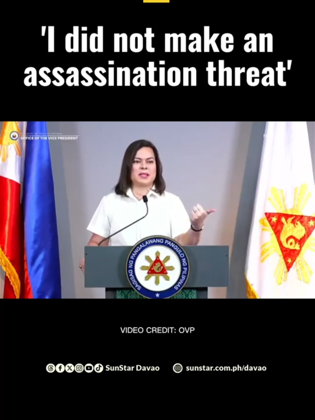 'I DID NOT MAKE AN ASSASSINATION THREAT TO THE PRESIDENT'  Vice President #SaraDuterte denied allegations that she made assassination remarks against President Ferdinand #BongbongMarcos Jr. during a press conference held at the Office of the Vice President in Mandaluyong City on Friday, February 7, 2025. 📹Office of the Vice President/Facebook #AllYouNeedToKnow #VPSara #OVP 