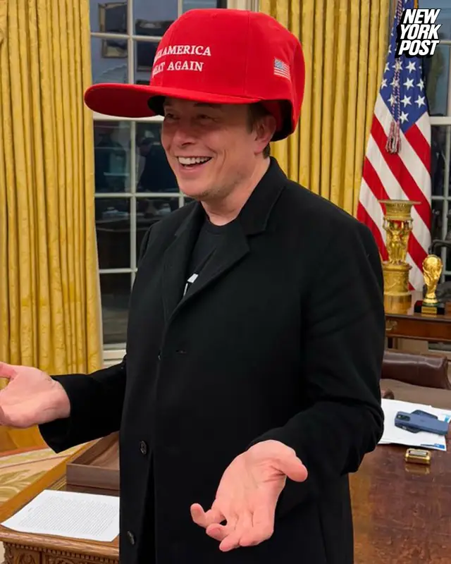 Elon Musk shared a snap of himself posing in the middle of the Oval Office with a super-size Make America Great Again hat on his head. The billionaire tech titan posted the photo of him beaming in front of President Trump’s desk on his X platform. The president also shared a post to the official POTUS account of Musk with Tucker Carlson, both sporting the jumbo hats. 📸: X / Elon Musk; Instagram/ POTUS