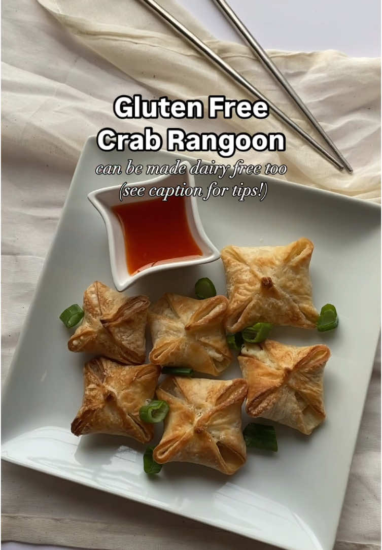 gluten-free crab rangoon 🥡🥢 This is a top missed item because it’s IMPOSSIBLE to find a gluten-free version, but now you can make your own easily at home! Ingredients: 1 sheet gluten-free puff pastry 1/2 cup cream cheese (use Tofutti for dairy-free, others will melt) 1/2 cup imitation or real crab, shredded 1/4 cup green onions, diced 1 tsp sesame oil or worcestershire sauce 1 tbsp garlic powder Pinch of salt & pepper Neutral oil for baking Slice puff pastry sheet into 12 squares and set aside. Combine cream cheese, crab, green onions, sesame oil, garlic powder, salt, and pepper in a bowl. Add a teaspoon or so to each square, be sure not to over fill. Pull the four corners together and pinch in the middle, you can get your fingers damp to help it stick together. Spray air fryer lightly with oil and place 4-5 in at a time, spray the rangoons lightly with oil as well. Air fry at 370 for 10 minutes, repeat with remaining ones. You can bake or pan fry as well, results may vary. Dip in sweet chili sauce or tamari sauce & enjoy! #glutenfree #dairyfree #glutenfreerecipes #easyglutenfree #glutenfreebaking #crabrangoon #airfryerrecipes #superbowlrecipes 