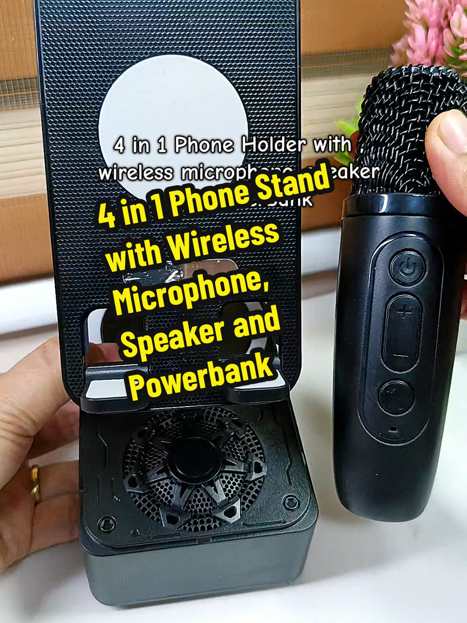 4 in 1 phone holder with wireless microphone, speaker and powerbank #phoneholderwithspeaker #bluetoothspeakerphoneholder #4in1phoneholder #3in1phoneholder #phoneholdermultifunction #phonestandwithspeakerandpowerbank #rotatablephoneholder #phoneholder #foryou #foryoupage 